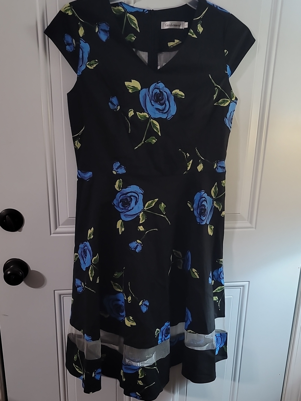 Gardenwed Black Dress with Blue Rose Print
